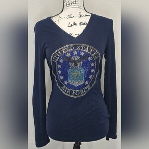 Old Navy Perfect Fitted V-Neck Long Sleeve Air Force Rhinestones Tee Sz MED NWT